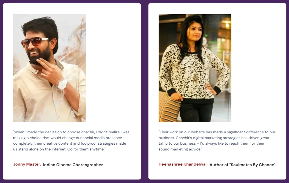 Client testimonials from Jonny Master, Indian cinema choreographer, and Heenashree Khandelwal, author of Soulmates By Chance